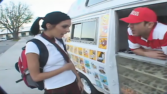 Small-titted brunette sells ice cream to young customers for sexual favors