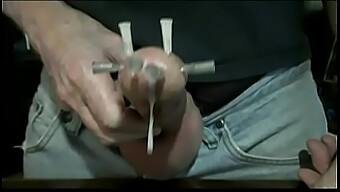 Soloboy pleasure with cock and ejaculation using needles