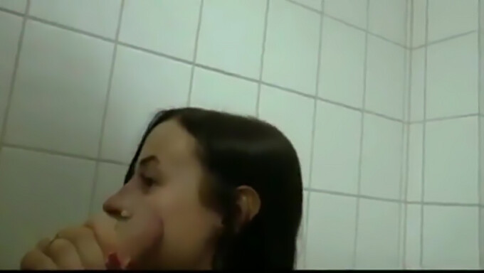 Eine verführerische Frau stimmt leidenschaftlichem Sex in einer öffentlichen Toilette zu