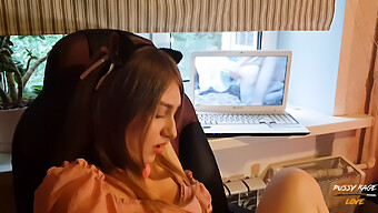 A Girl Pleasures Herself While Watching Porn And Engages In Deepthroat And Gagging